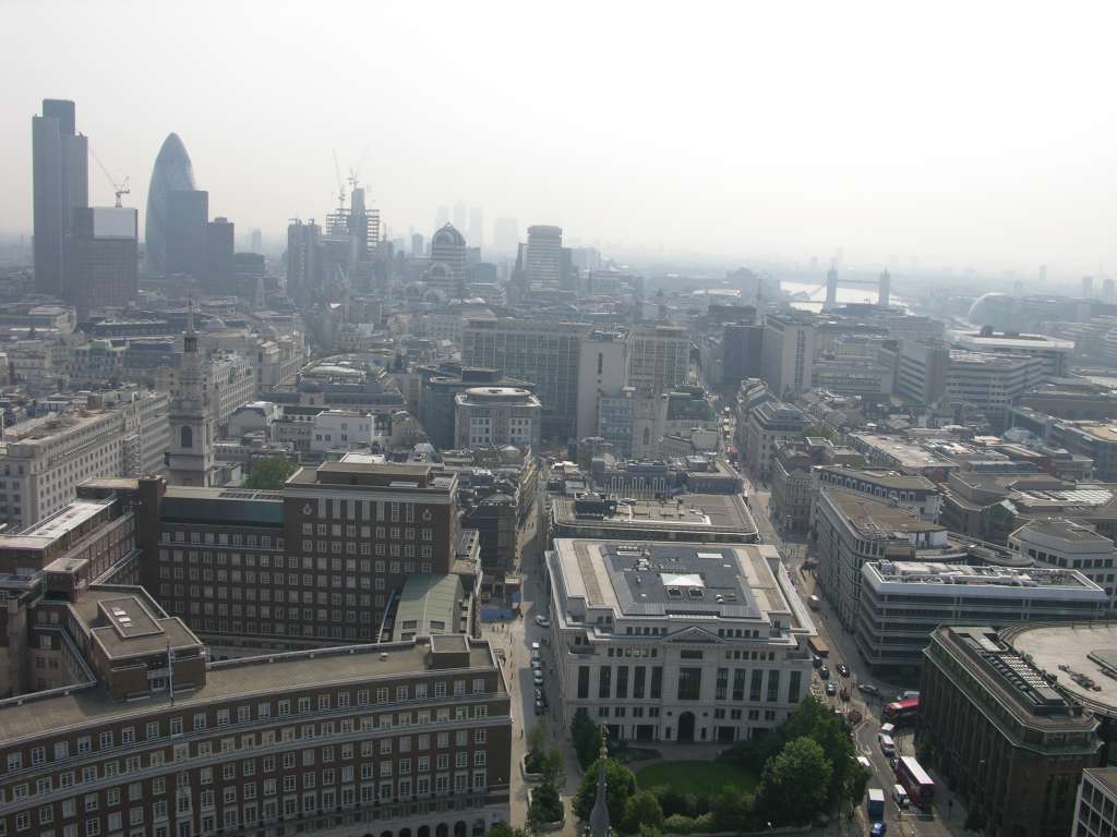 London St. Pauls Cathedral 11 Golden Gallery View Of Canary Wharf From the top of the Golden Gallery at St. Pauls Cathedral, here is a view eastward to Canary Wharf, which has the tallest building in England at 244m. On the left in the foreground is 30 St. Mary Axe, infamously known as the Gherkin.